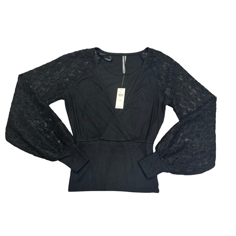 Anthropologie Whimsigoth Ribbed Lace Balloon Sleeve Surplice V-Neck Top XXS New